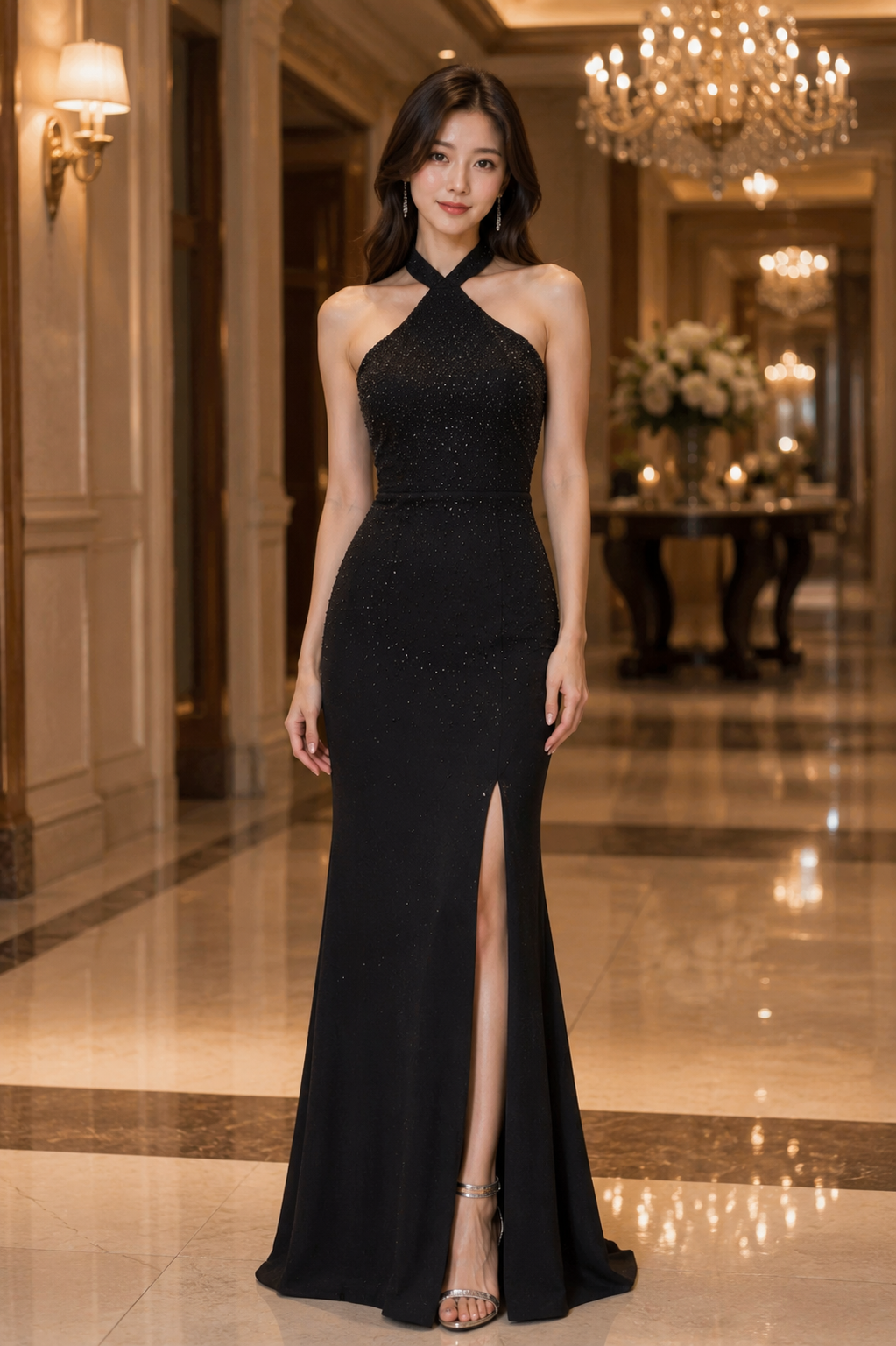 Halter Rhinestone Bodyfit Evening Gown (Black) (Retail)