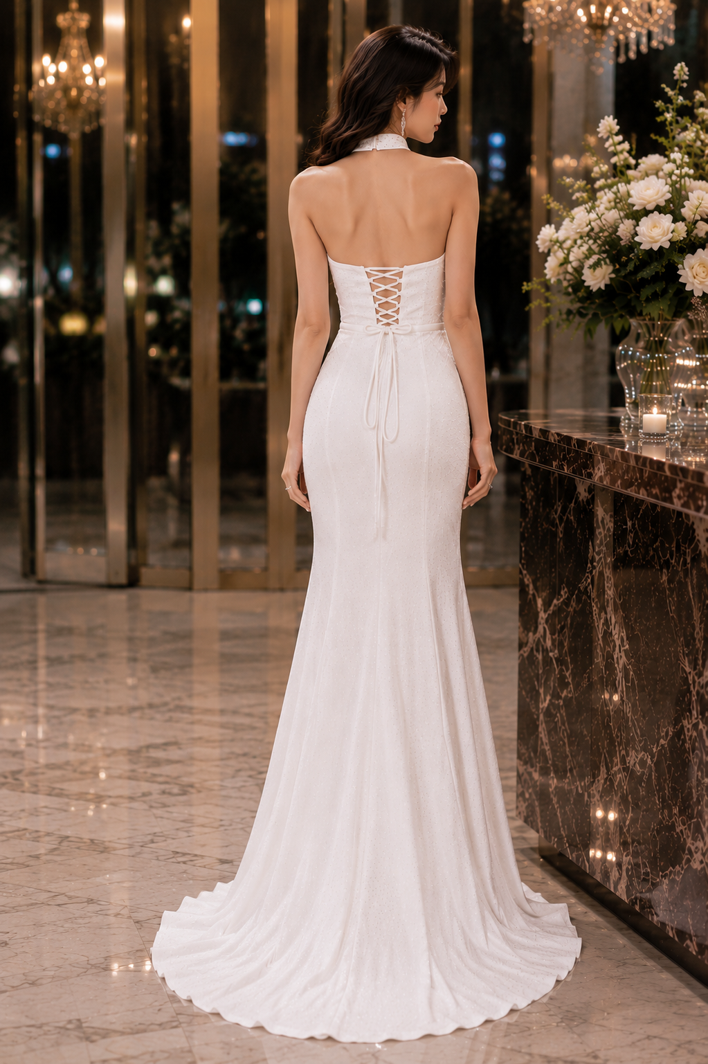 Halter Rhinestone Bodyfit Evening Gown (White) (Retail)