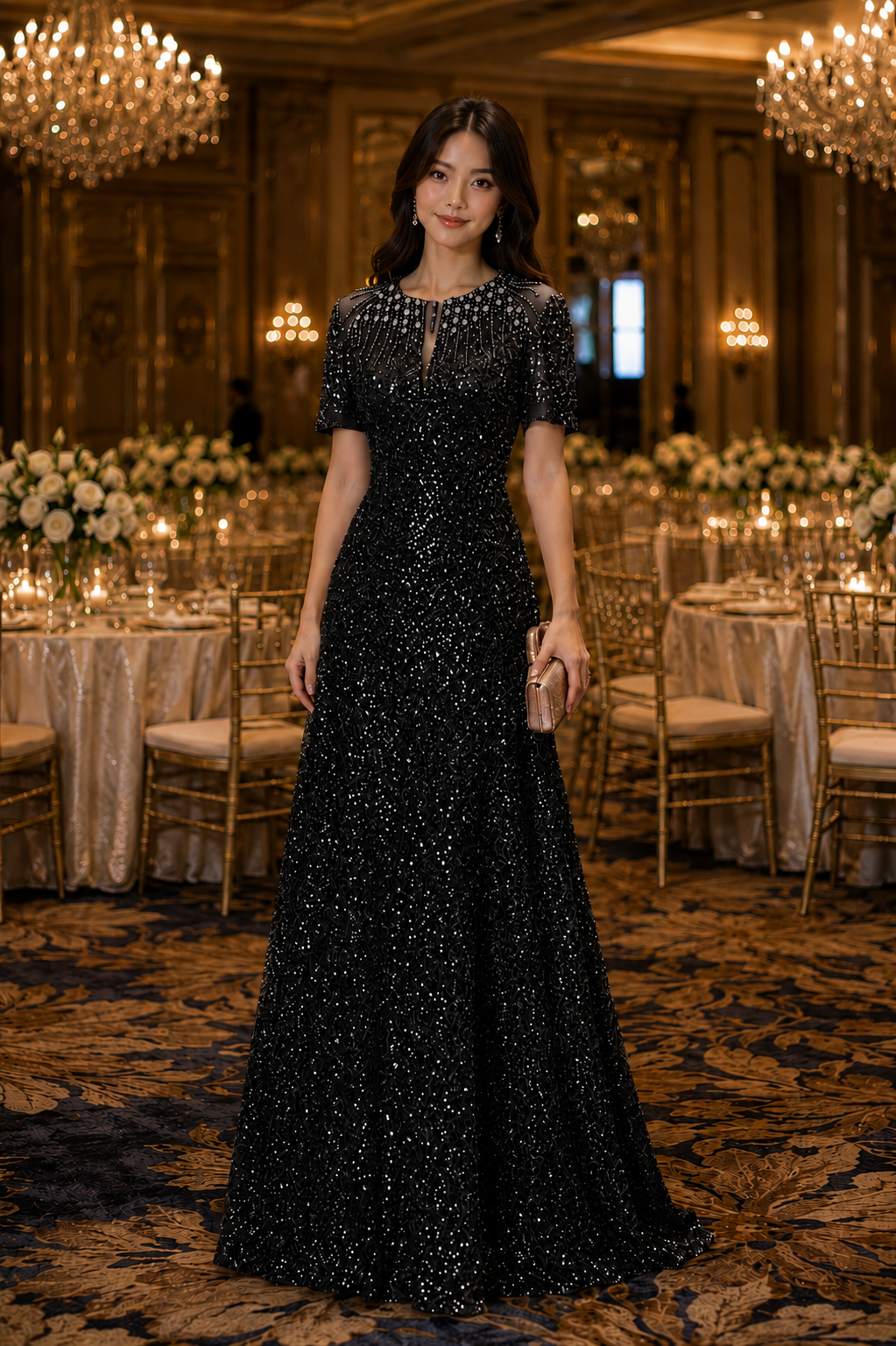 Short Sleeves Elegant Beaded Evening Gown