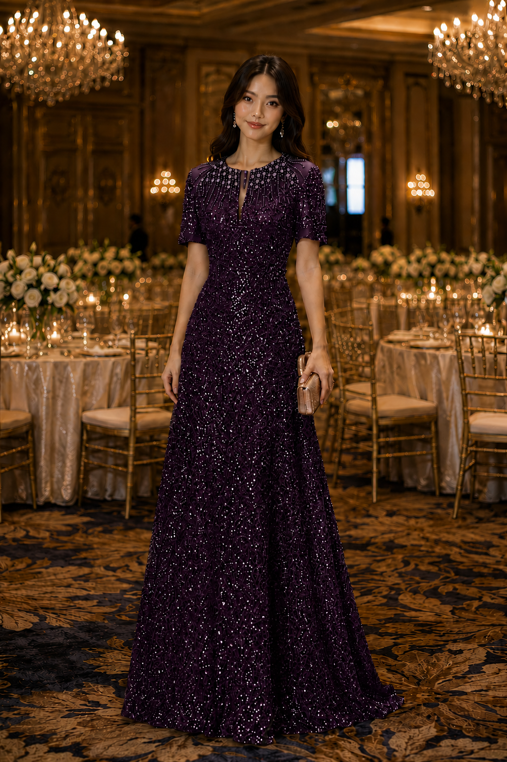 Short Sleeves Elegant Beaded Evening Gown