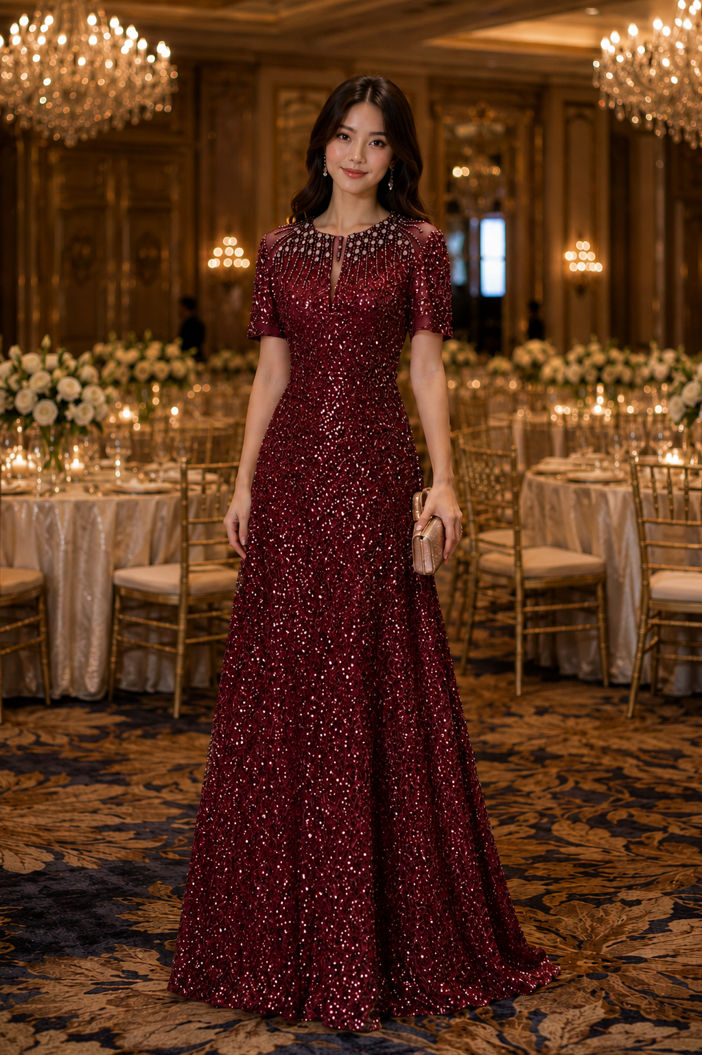 Short Sleeves Elegant Beaded Evening Gown