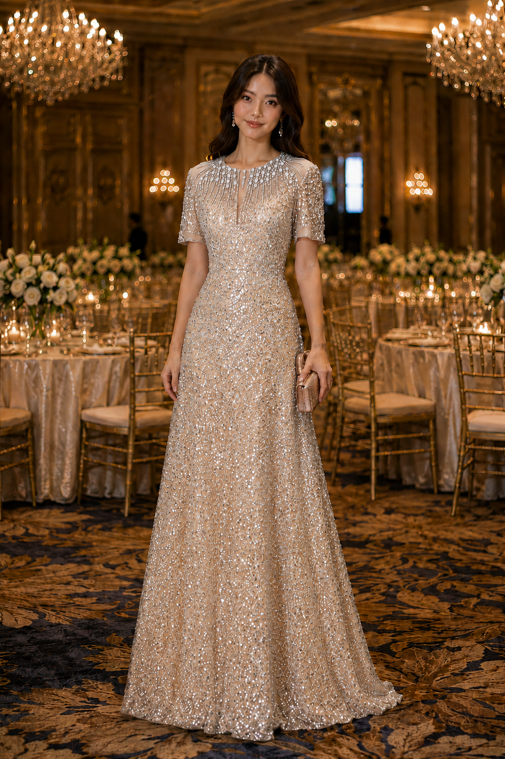 Short Sleeves Elegant Beaded Evening Gown