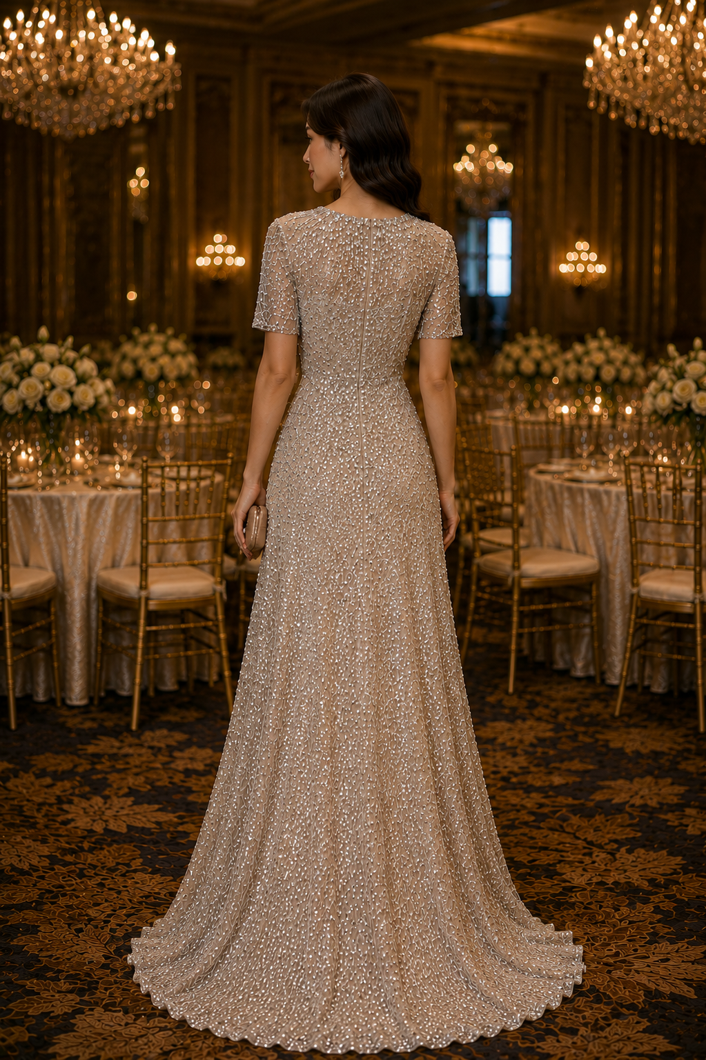 Short Sleeves Elegant Beaded Evening Gown