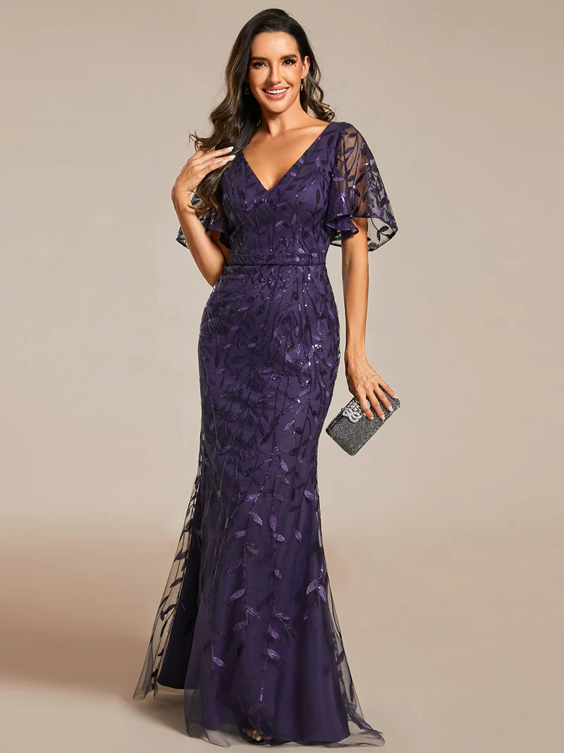Gorgeous V Neck Leaf-Sequined Evening Gown (Purple) (Made To Order)