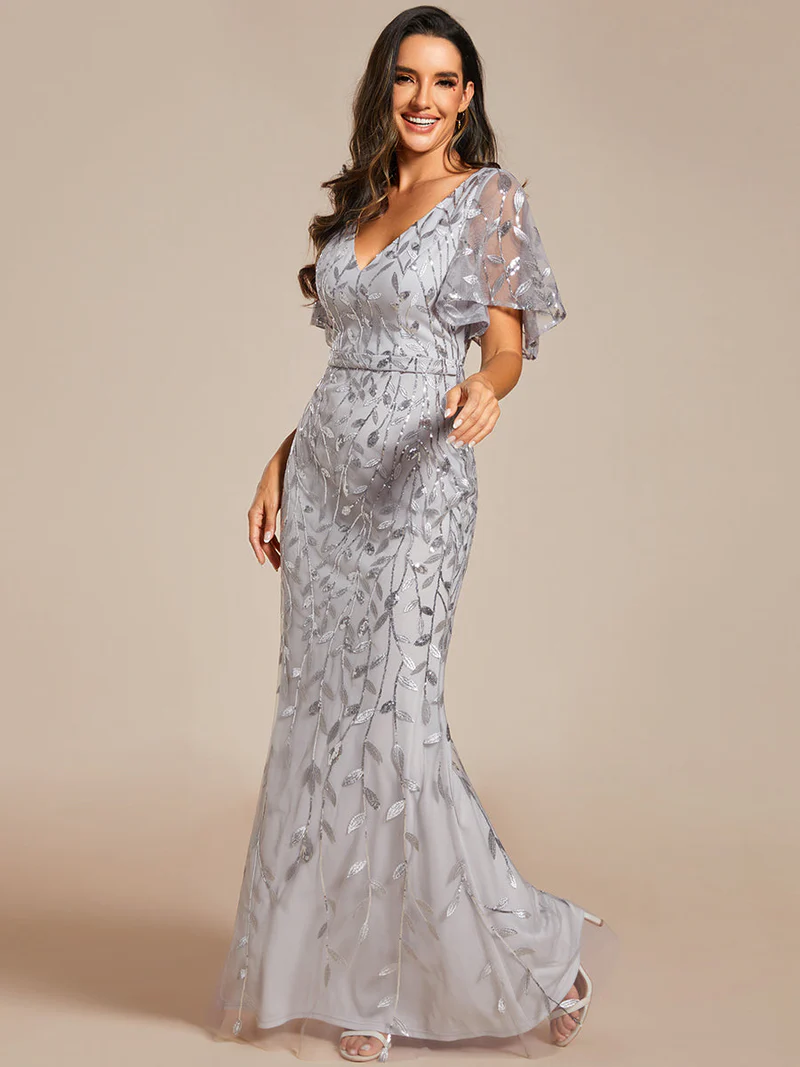 Gorgeous V Neck Leaf-Sequined Evening Gown (Silver) (Retail)