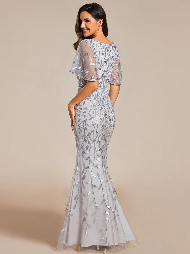Gorgeous V Neck Leaf-Sequined Evening Gown (Silver) (Retail)