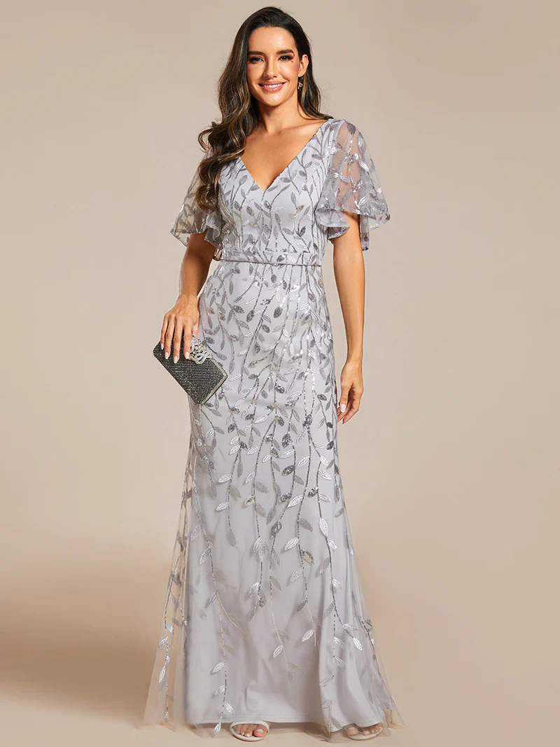 Gorgeous V Neck Leaf-Sequined Evening Gown (Silver) (Retail)