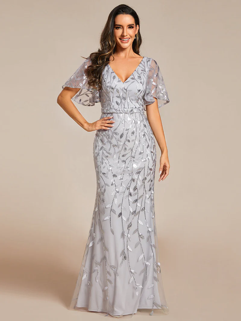Gorgeous V Neck Leaf-Sequined Evening Gown (Silver) (Retail)
