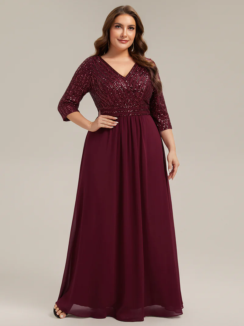 Half Sleeve V-Neck Sequin A-Line Floor Length Evening Gown (Maroon) (Made To Order)