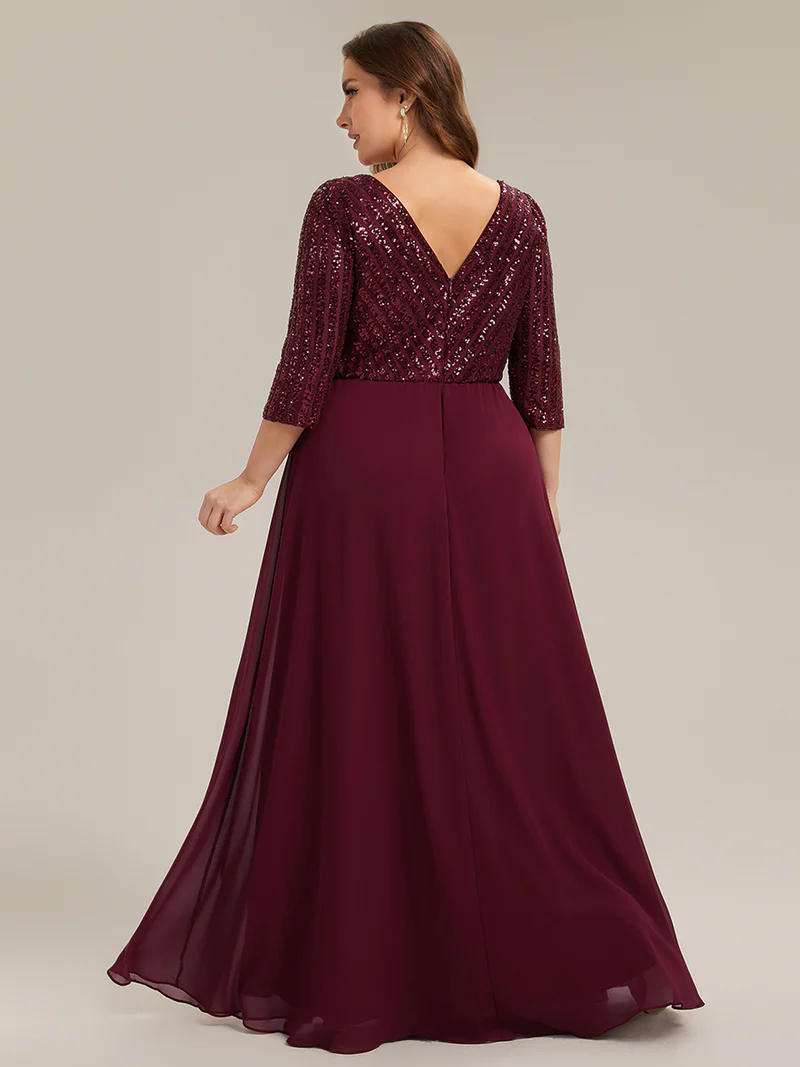 Half Sleeve V-Neck Sequin A-Line Floor Length Evening Gown (Maroon) (Made To Order)