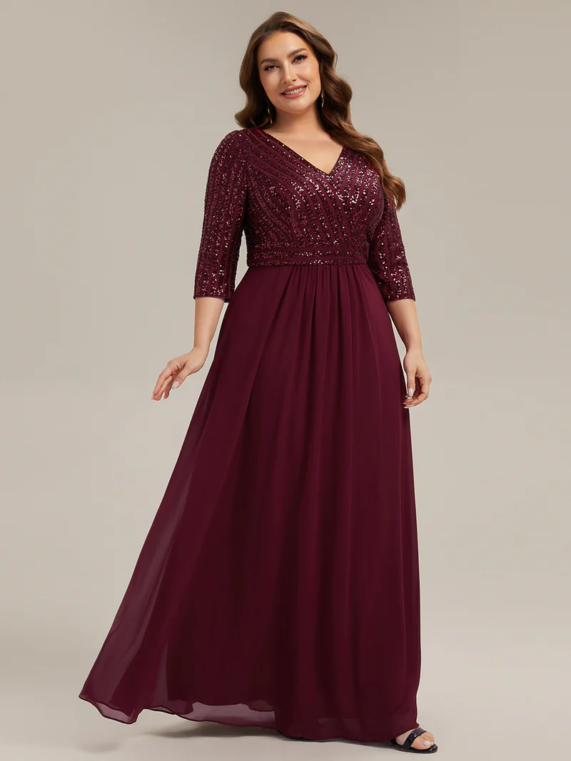 Half Sleeve V-Neck Sequin A-Line Floor Length Evening Gown (Maroon) (Made To Order)