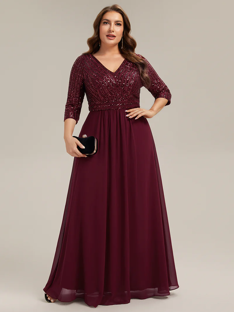 Half Sleeve V-Neck Sequin A-Line Floor Length Evening Gown (Maroon) (Made To Order)