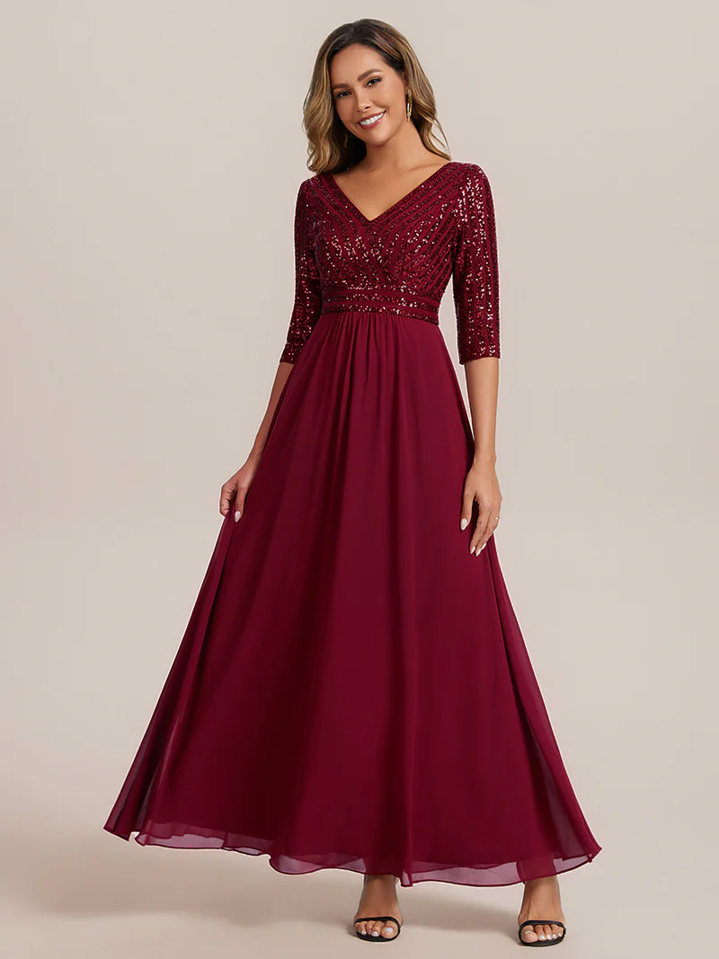 Half Sleeve V-Neck Sequin A-Line Floor Length Evening Gown (Maroon) (Made To Order)
