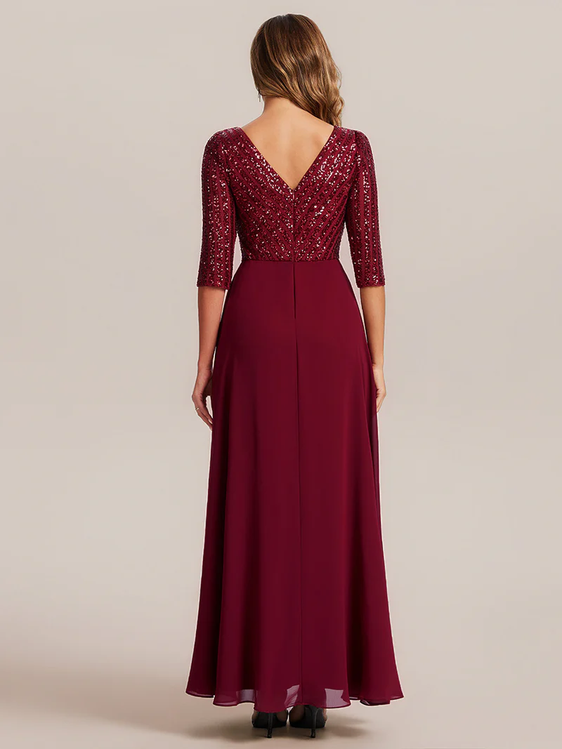 Half Sleeve V-Neck Sequin A-Line Floor Length Evening Gown (Maroon) (Made To Order)