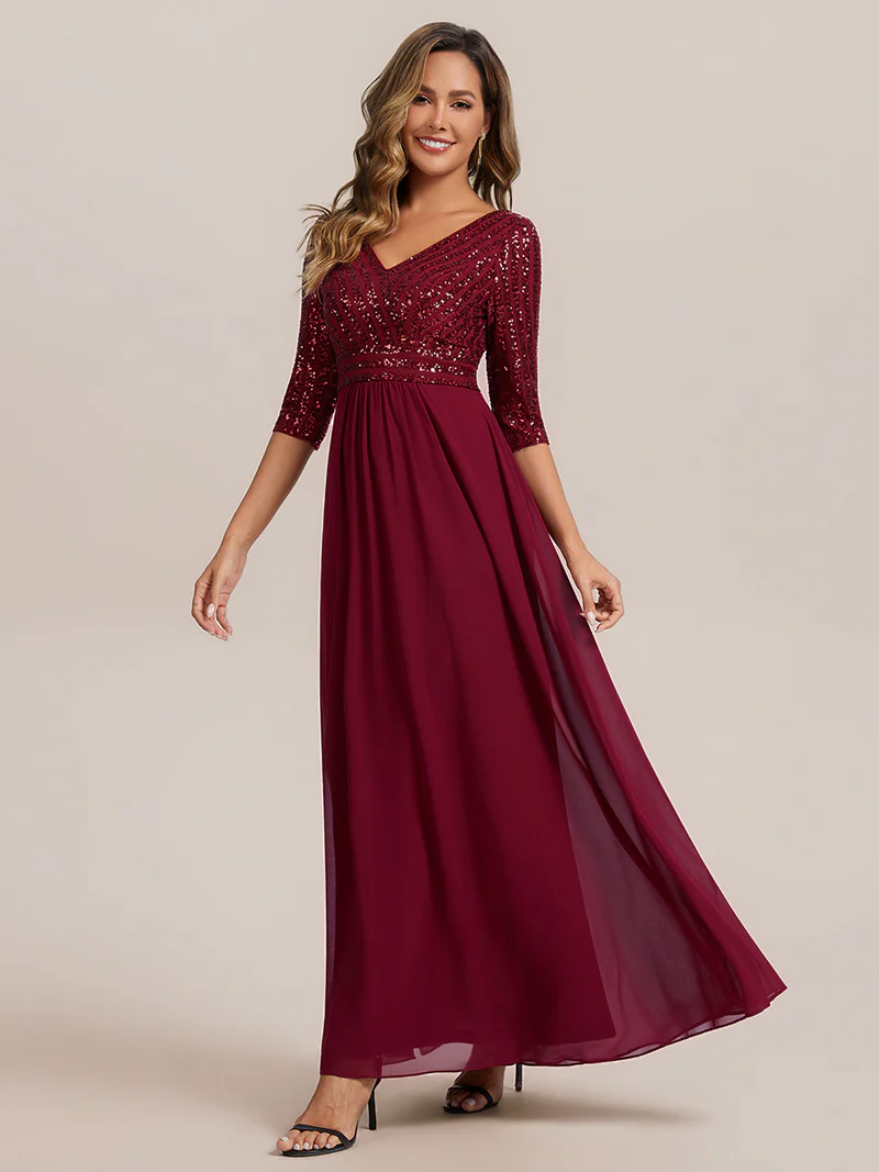 Half Sleeve V-Neck Sequin A-Line Floor Length Evening Gown (Maroon) (Made To Order)