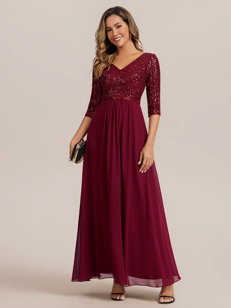 Half Sleeve V-Neck Sequin A-Line Floor Length Evening Gown (Maroon) (Made To Order)
