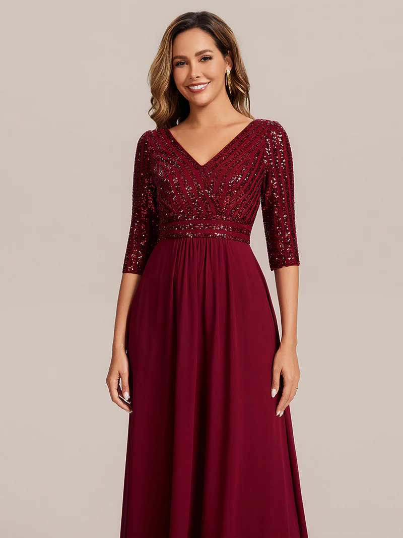 Half Sleeve V-Neck Sequin A-Line Floor Length Evening Gown (Maroon) (Made To Order)