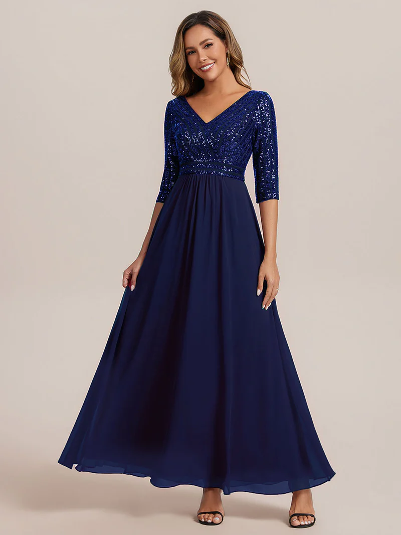 Half Sleeve V-Neck Sequin A-Line Evening Gown (Navy Blue) (Made To Order)