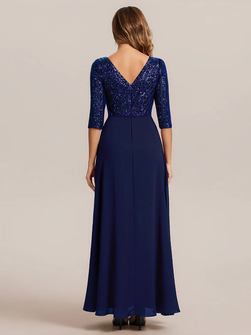 Half Sleeve V-Neck Sequin A-Line Evening Gown (Navy Blue) (Made To Order)