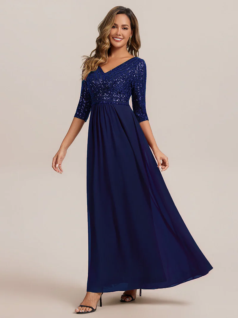 Half Sleeve V-Neck Sequin A-Line Evening Gown (Navy Blue) (Made To Order)