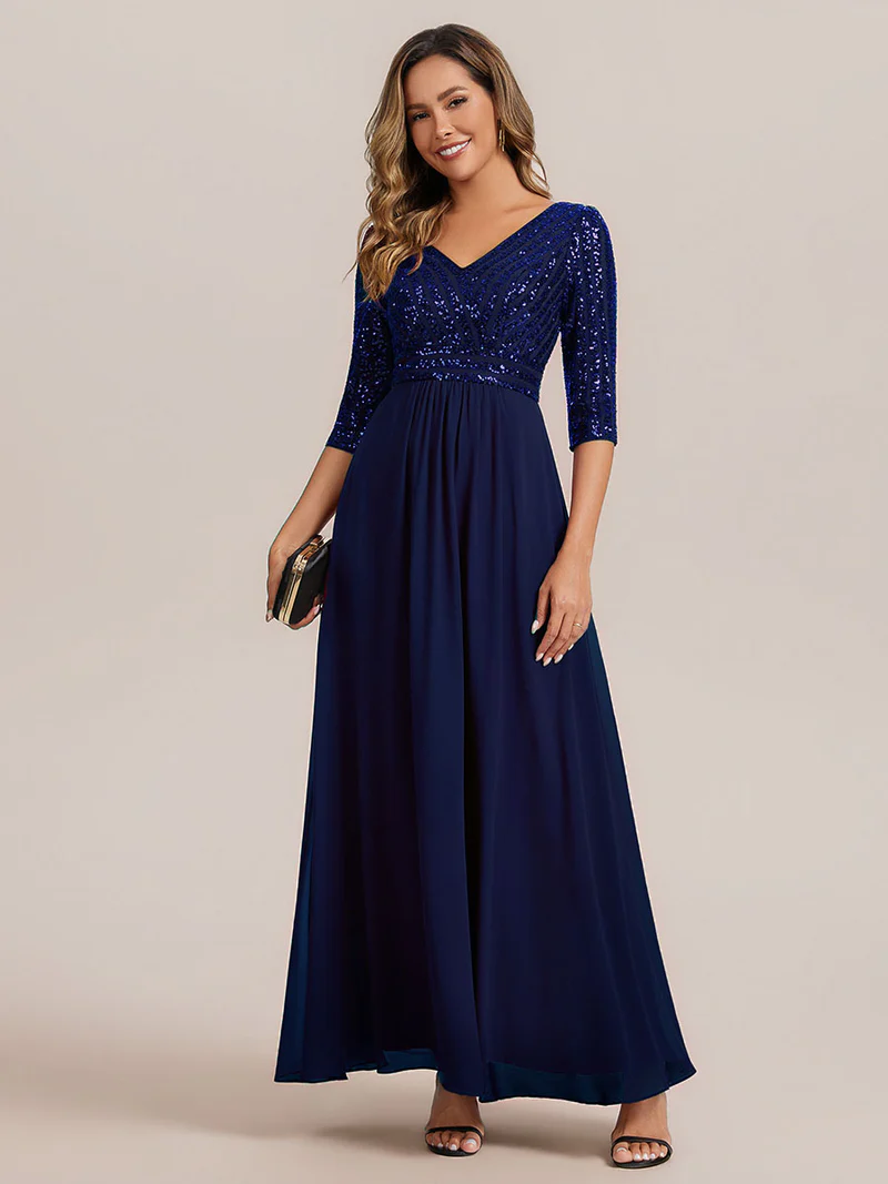 Half Sleeve V-Neck Sequin A-Line Evening Gown (Navy Blue) (Made To Order)