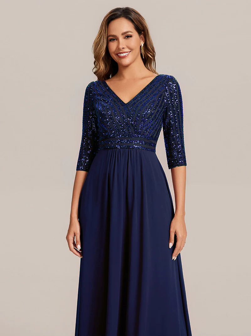 Half Sleeve V-Neck Sequin A-Line Evening Gown (Navy Blue) (Made To Order)