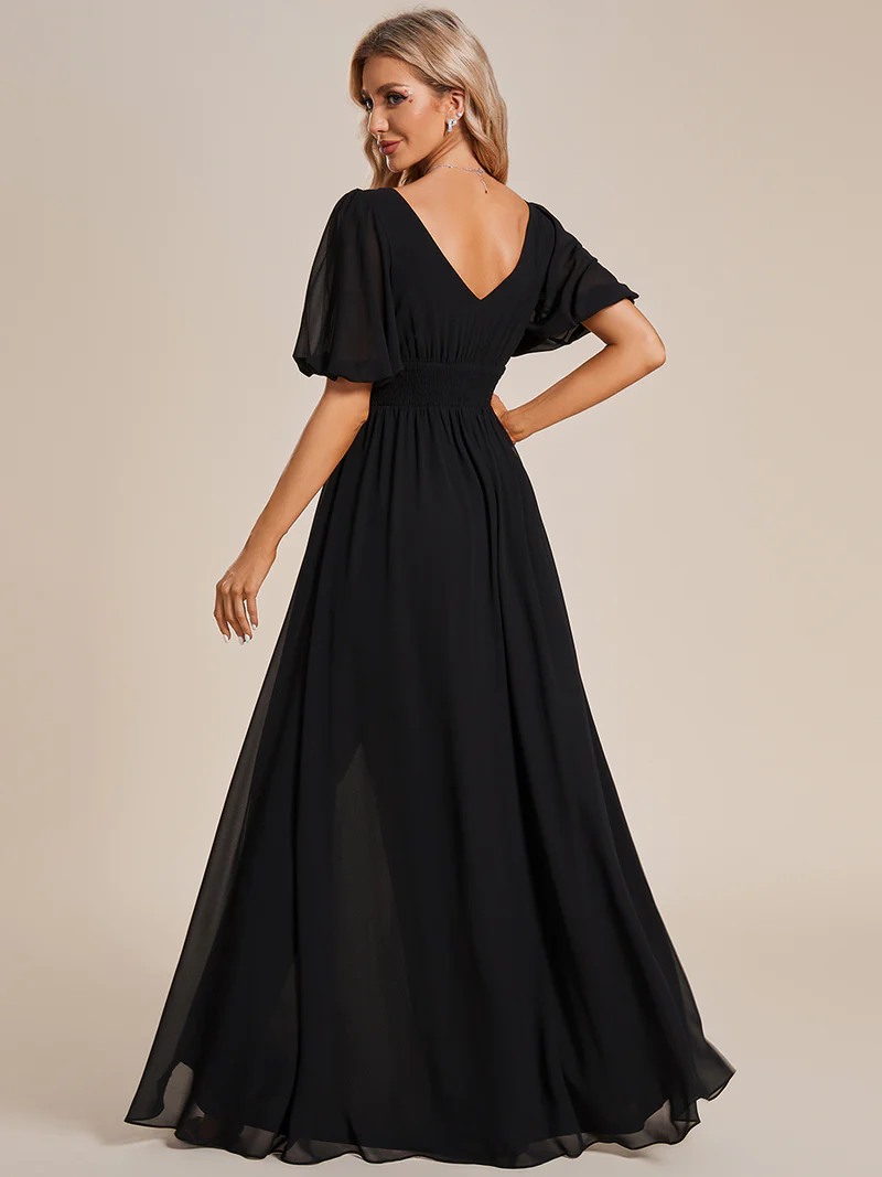 Puffy Sleeves With High Slit Evening Dress (Black) (Made To Order)