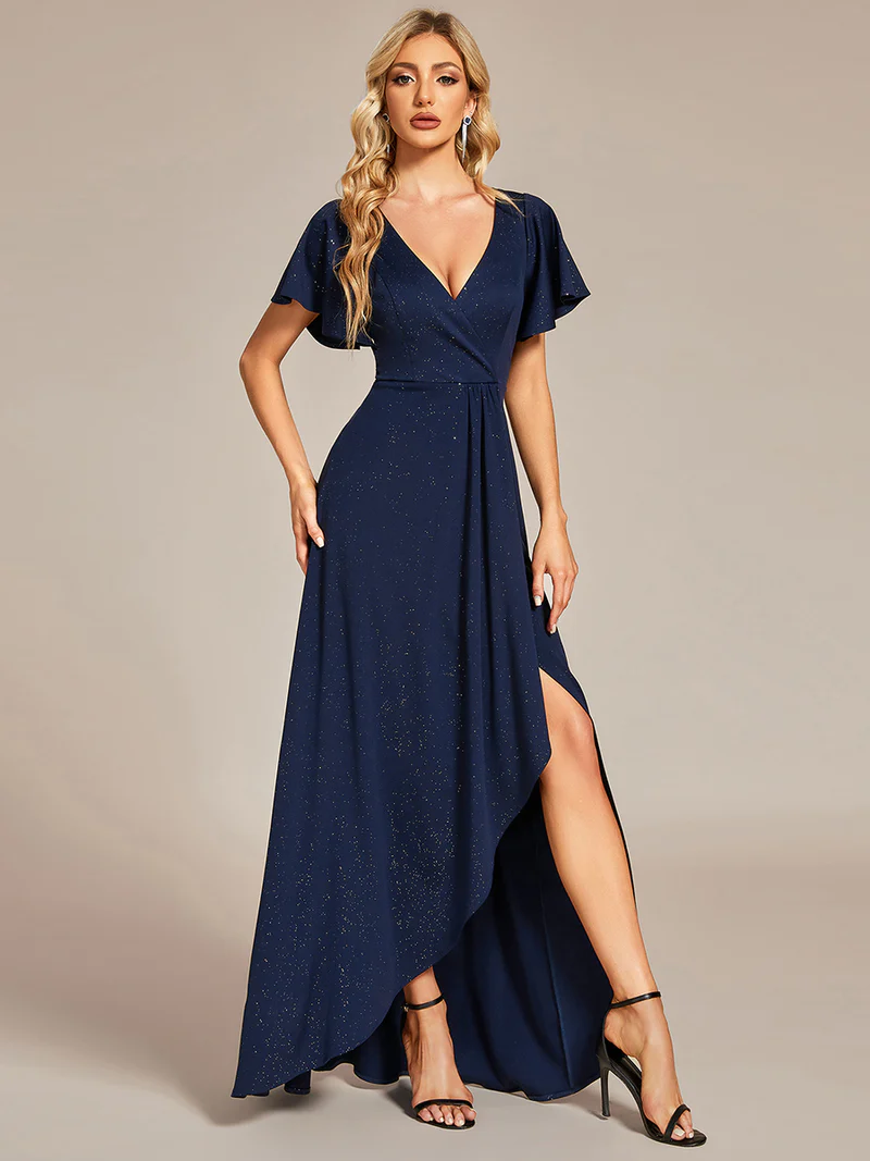 Shiny Sleeve with Irregular Length Evening Dress (Made To Order)