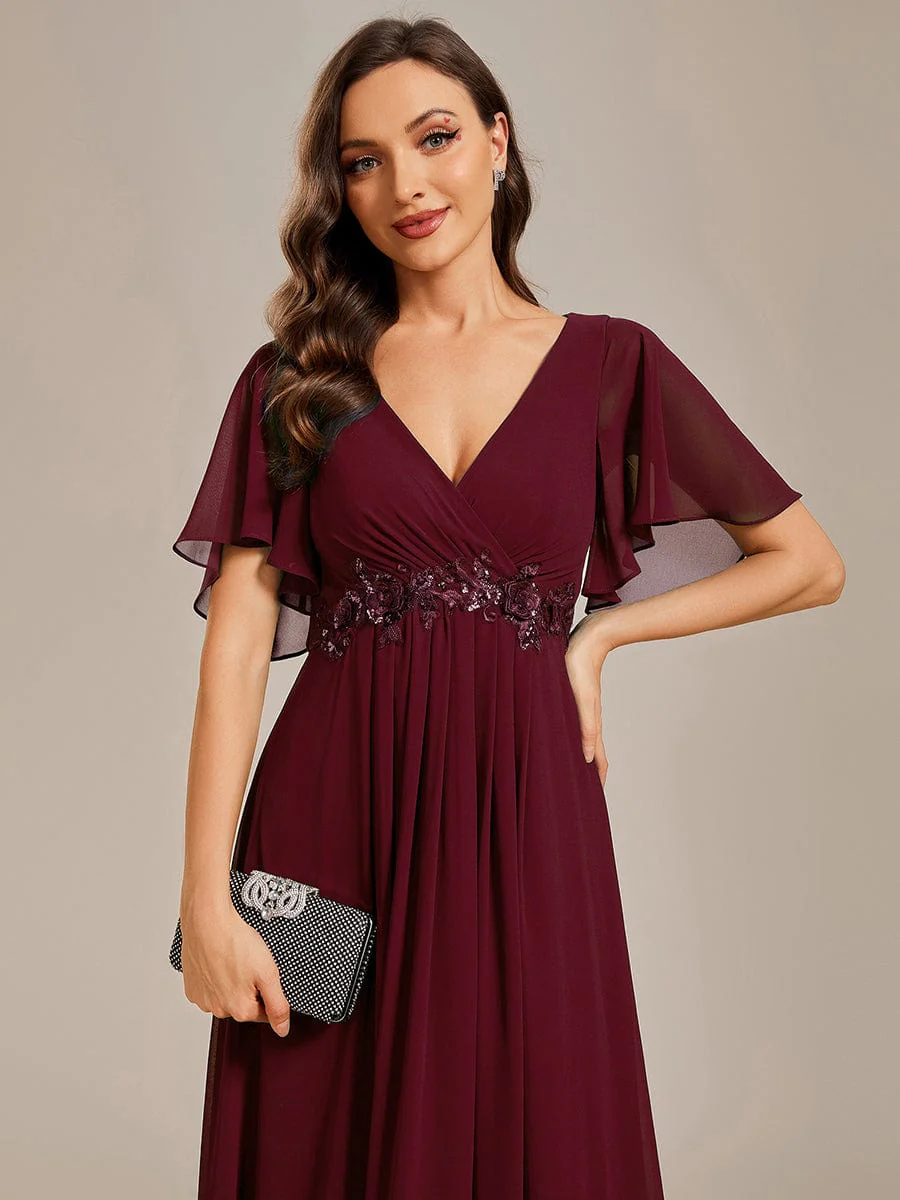 Short Sleeves V-Neck A-Line Evening Gowns (Burgundy) (Made To Order)