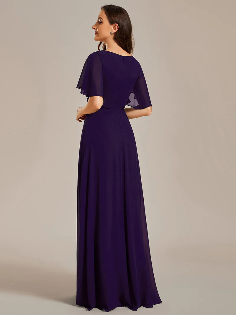 Flare Sleeve V Neck Appliques Evening Dresses (Purple) (Made To Order)