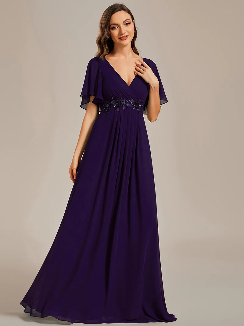 Flare Sleeve V Neck Appliques Evening Dresses (Purple) (Made To Order)