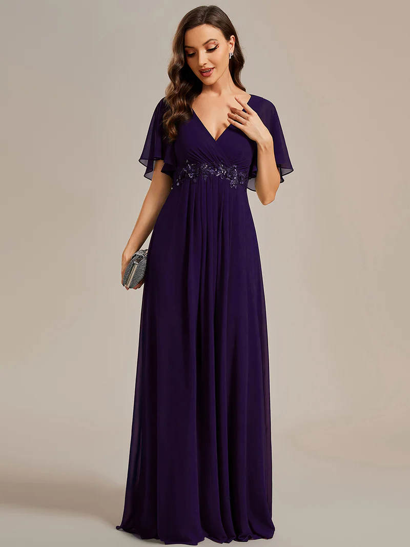 Flare Sleeve V Neck Appliques Evening Dresses (Purple) (Made To Order)