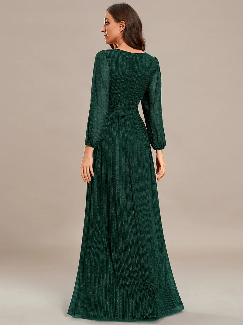 Long Sleeve Pleated Designs Evening Gown (Green) (Made To Order)