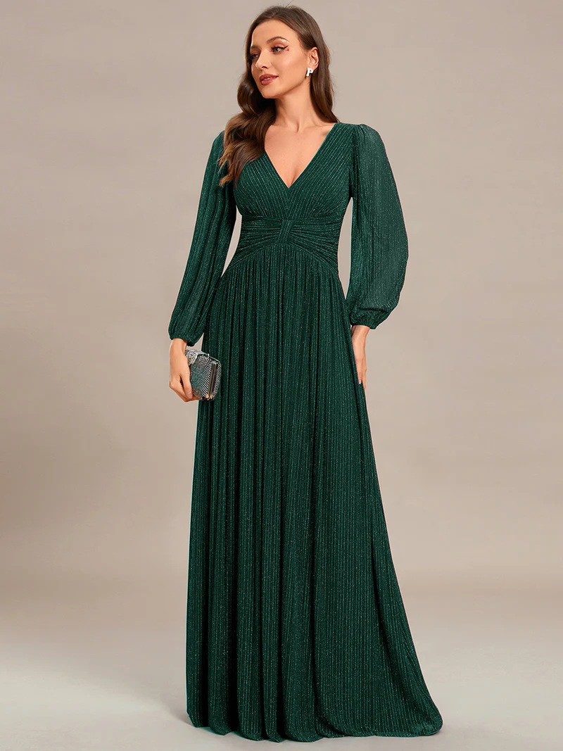 Long Sleeve Pleated Designs Evening Gown (Green) (Made To Order)