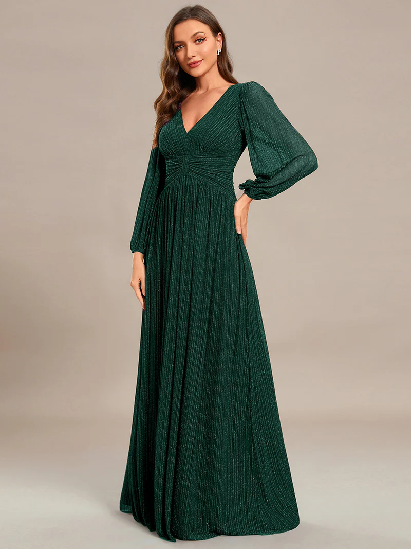 Long Sleeve Pleated Designs Evening Gown (Green) (Made To Order)