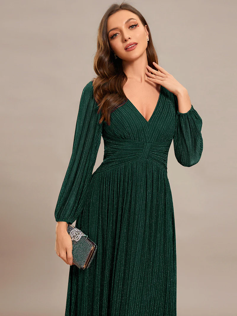 Long Sleeve Pleated Designs Evening Gown (Green) (Made To Order)