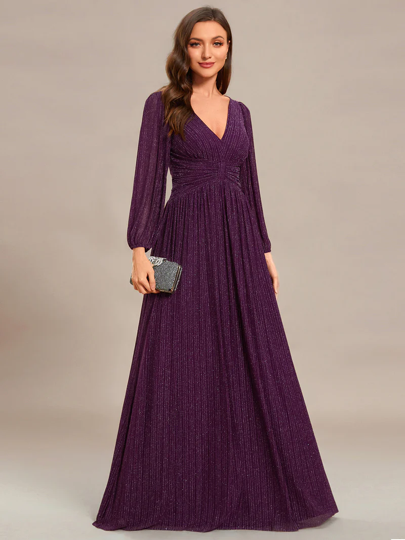 Long Sleeve Pleated Designs Evening Gown (Purple) (Made To Order)