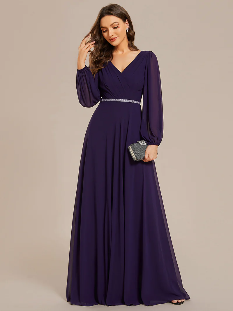 Elegant Long Sleeve Chiffon Evening Gown (Purple) (Made To Order)