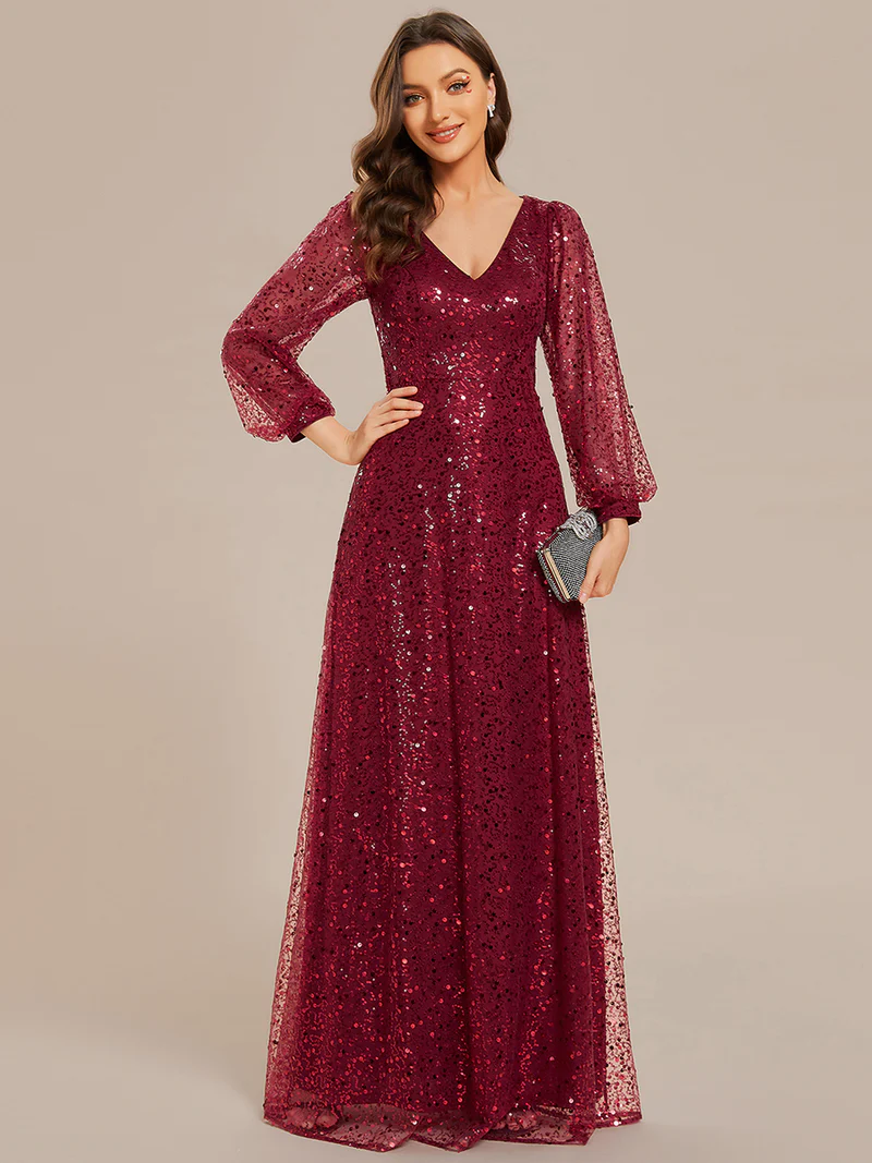 Plus Size Long Sleeve Lantern Sequins With A Line Evening Gown (Maroon) (Made To Order)