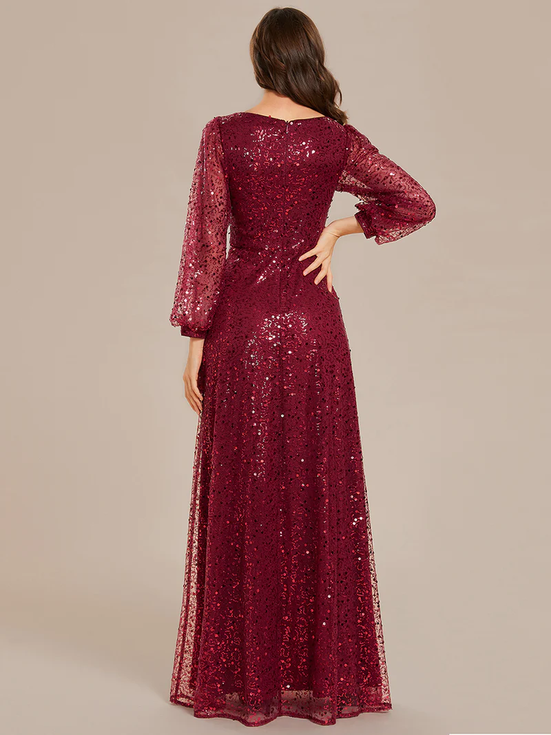 Plus Size Long Sleeve Lantern Sequins With A Line Evening Gown (Maroon) (Made To Order)
