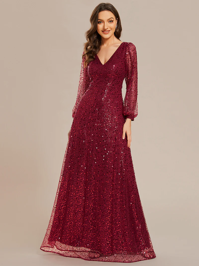 Plus Size Long Sleeve Lantern Sequins With A Line Evening Gown (Maroon) (Made To Order)