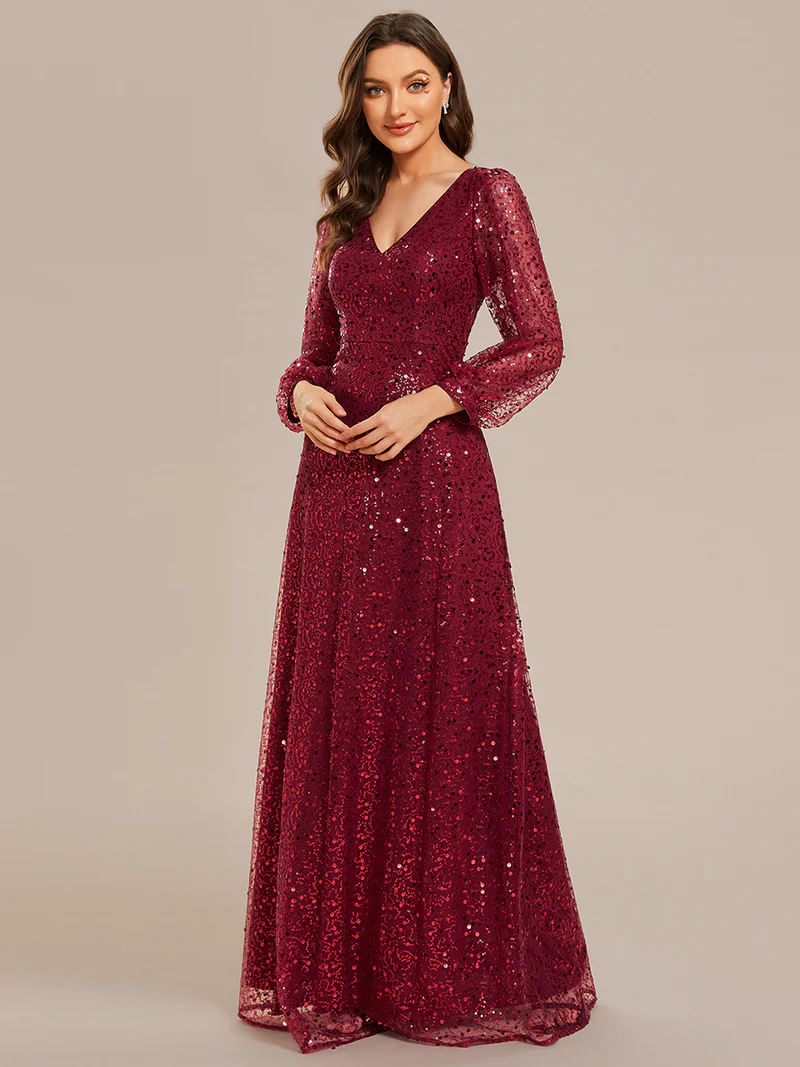 Plus Size Long Sleeve Lantern Sequins With A Line Evening Gown (Maroon) (Made To Order)