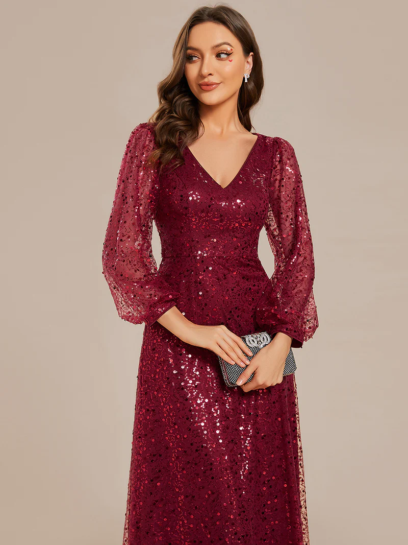 Plus Size Long Sleeve Lantern Sequins With A Line Evening Gown (Maroon) (Made To Order)