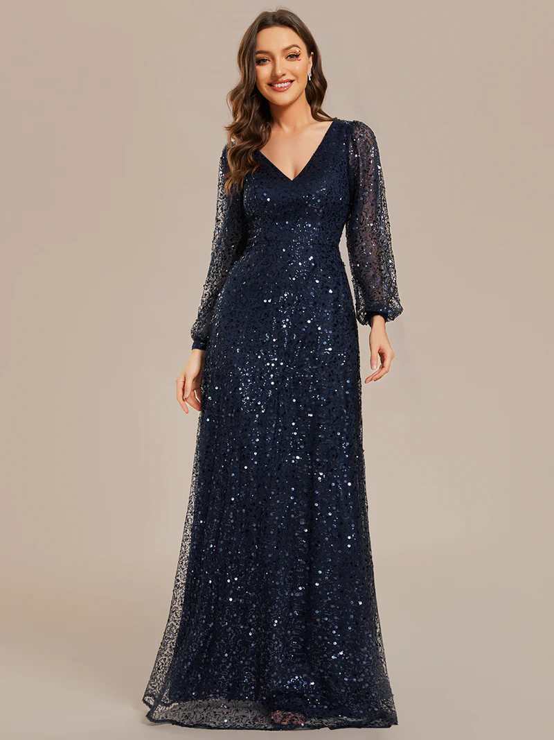 Plus Size Long Sleeve Lantern Sequins With A Line Evening Gown (Navy Blue) (Made To Order)