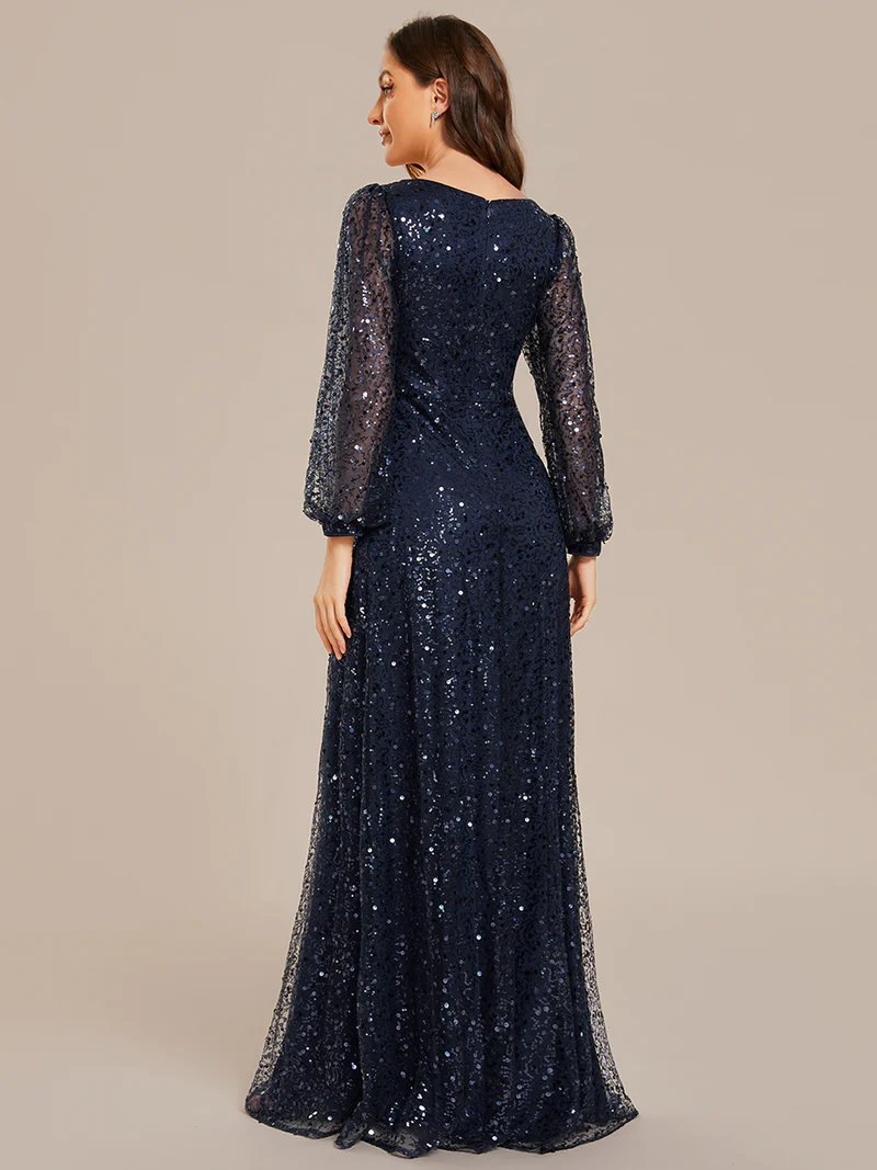 Plus Size Long Sleeve Lantern Sequins With A Line Evening Gown (Navy Blue) (Made To Order)