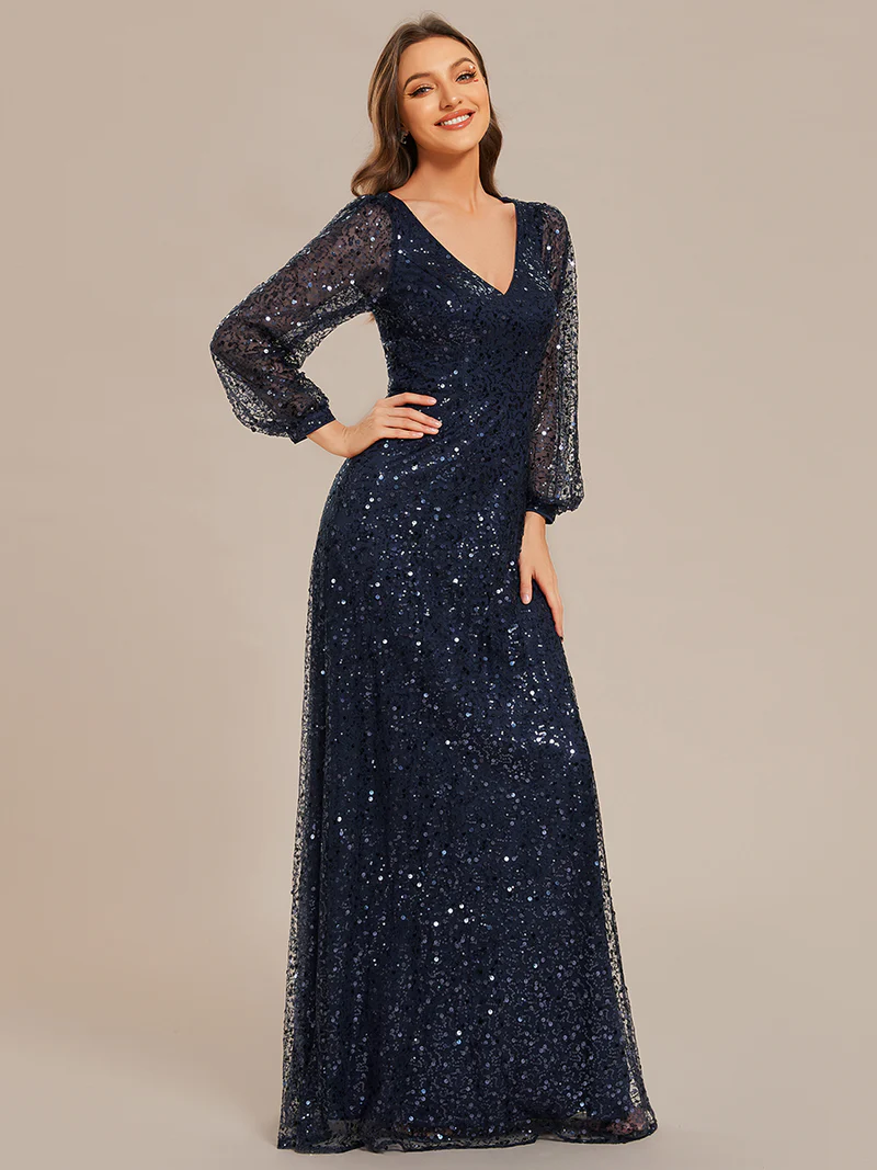 Plus Size Long Sleeve Lantern Sequins With A Line Evening Gown (Navy Blue) (Made To Order)