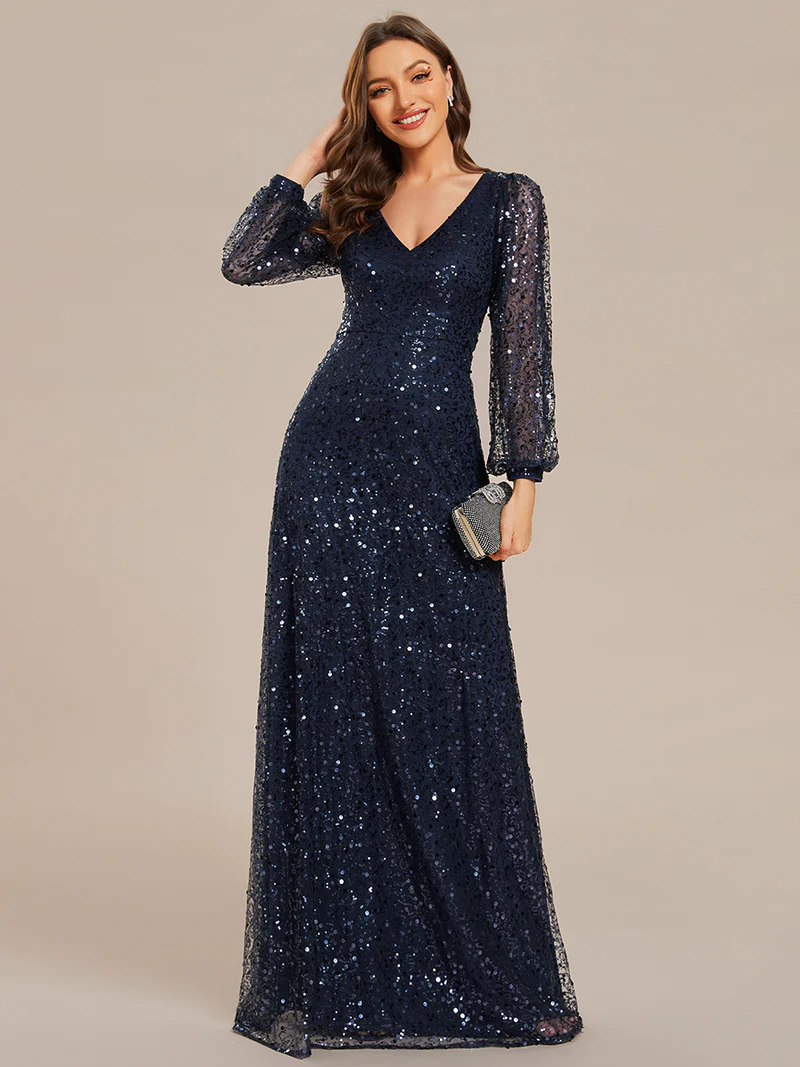 Plus Size Long Sleeve Lantern Sequins With A Line Evening Gown (Navy Blue) (Made To Order)