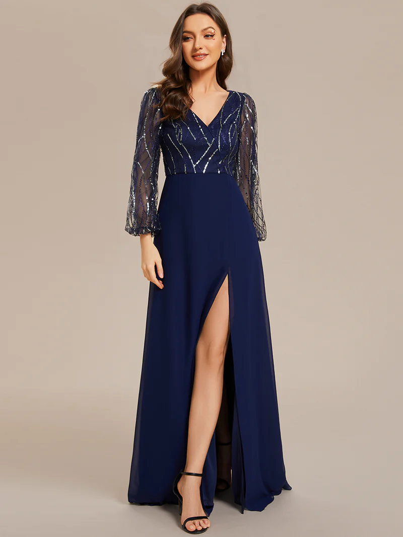Long Sleeve Sequins with A-Line Evening Gown (Made To Order)