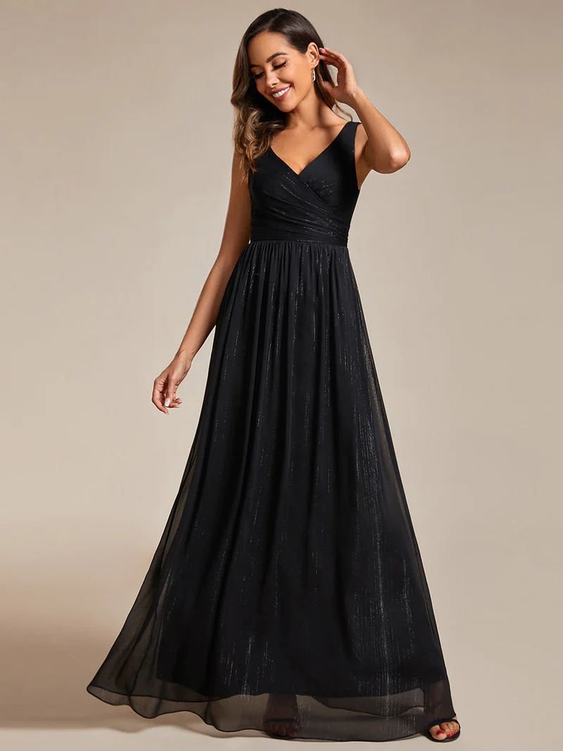 Sleeveless Glittery V-Neck Evening Dress (Black) (Made To Order)