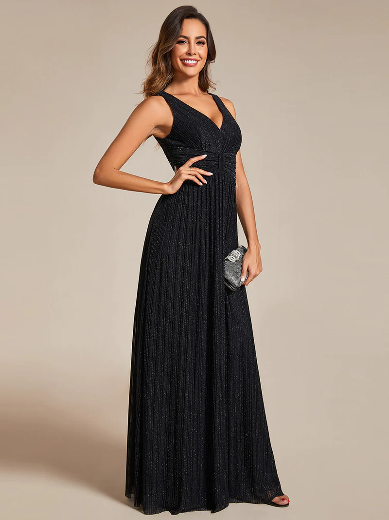 Glittery Pleated Empire Waist Sleeveless Formal Evening Dress (Black) (Made To Order)